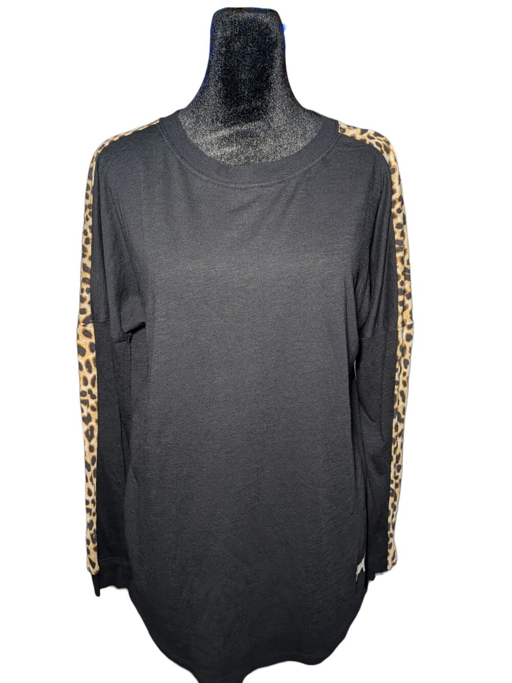 Victoria's Secret PINK Crewneck Long Sleeve Top Shirt Black Leopard Stripe XS